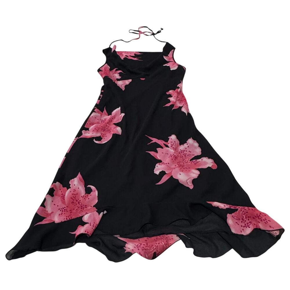STUDIO SOLEIL VTG Y2K Floral Halter Dress Black Pink Lily Asymmetrical Hem L